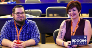 Jesse McDonald and Michelle Stinson Ross sitting side by side in a conference room